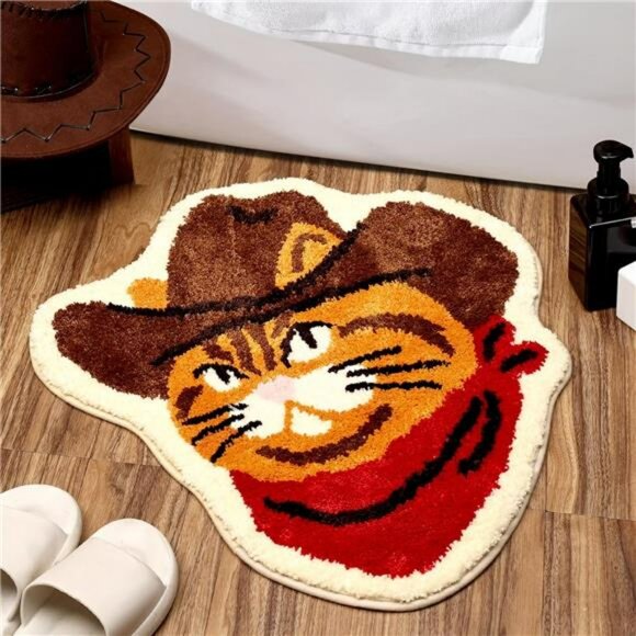 Funny Cat Bathroom Rug Western Cowboy Bath Mat Non Slip Washable Plush Floor Car - Picture 1 of 7